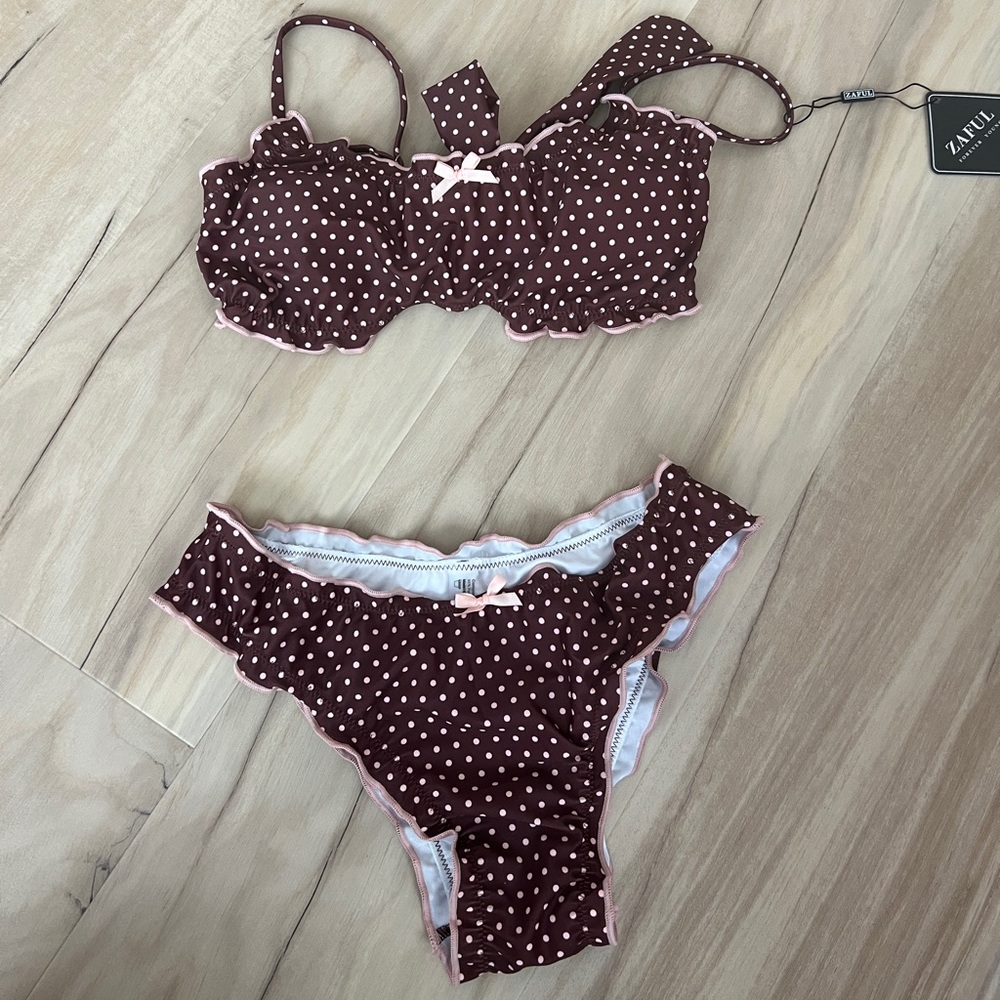 Brown and pink polka dot bikini